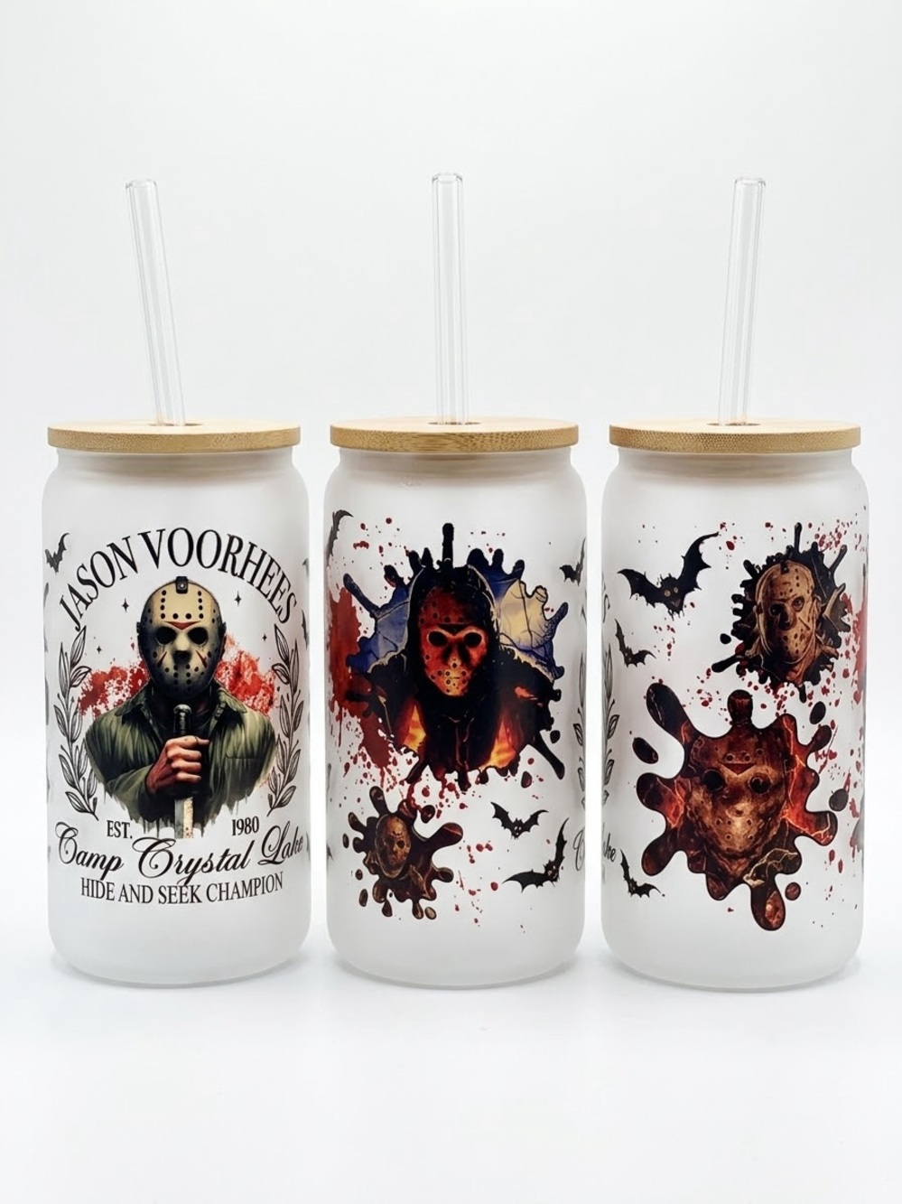 Jason Voorhees White Glass Drinkware with Bamboo Lid and Straw, NEW